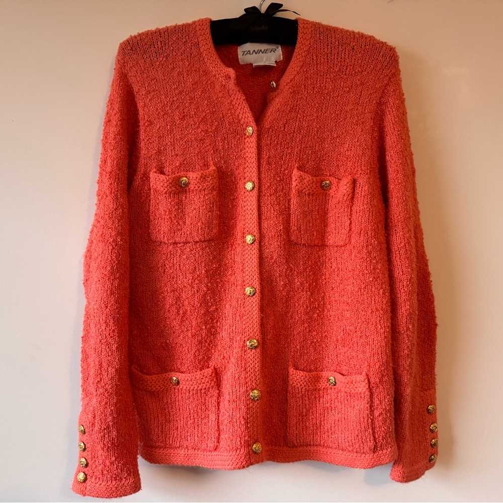 Vintage Women's Coral Sweater Cardigan with Gold Buttons Size M
